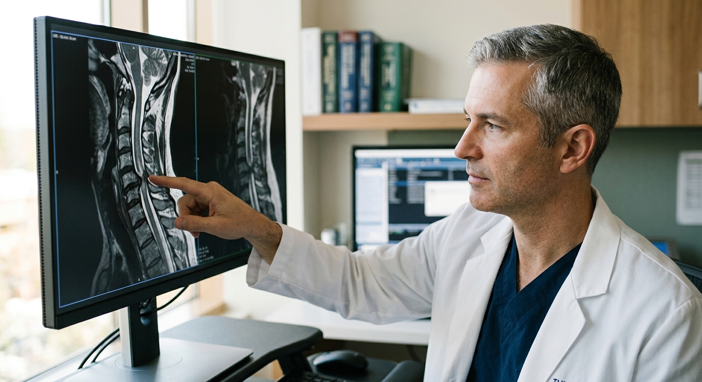 Neurosurgeon reviewing a cervical-spine MRI showing a spinal cord injury.