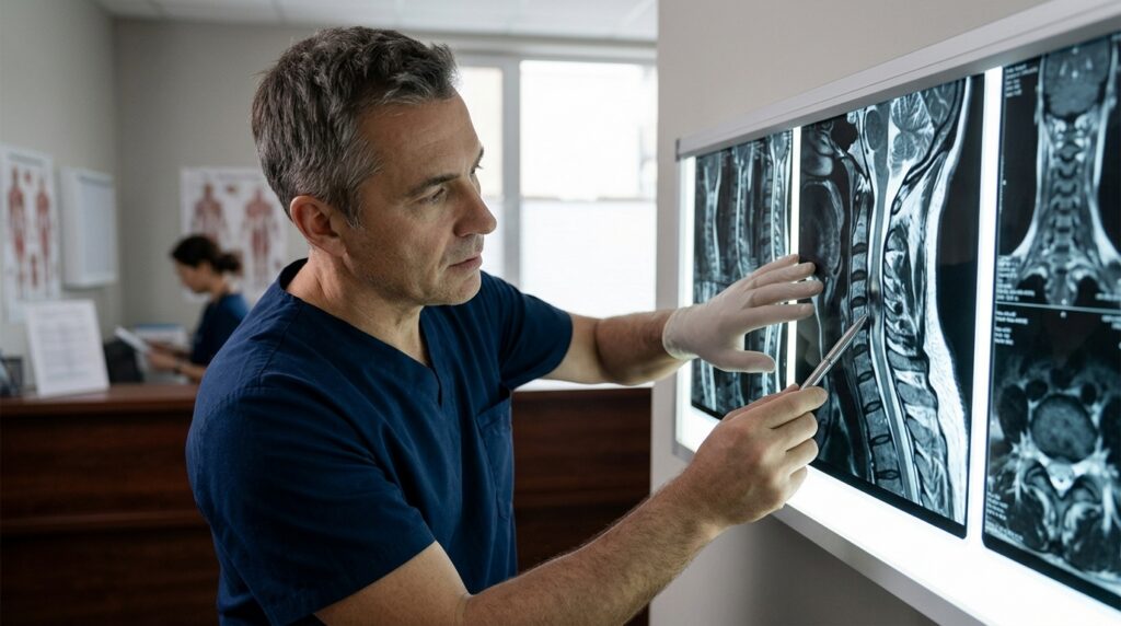 Neurosurgeon reviewing a cervical-spine MRI showing a spinal cord injury.