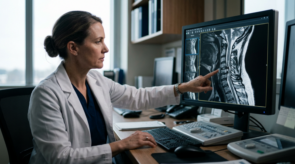 Neurosurgeon reviewing a cervical-spine MRI showing a spinal cord injury.