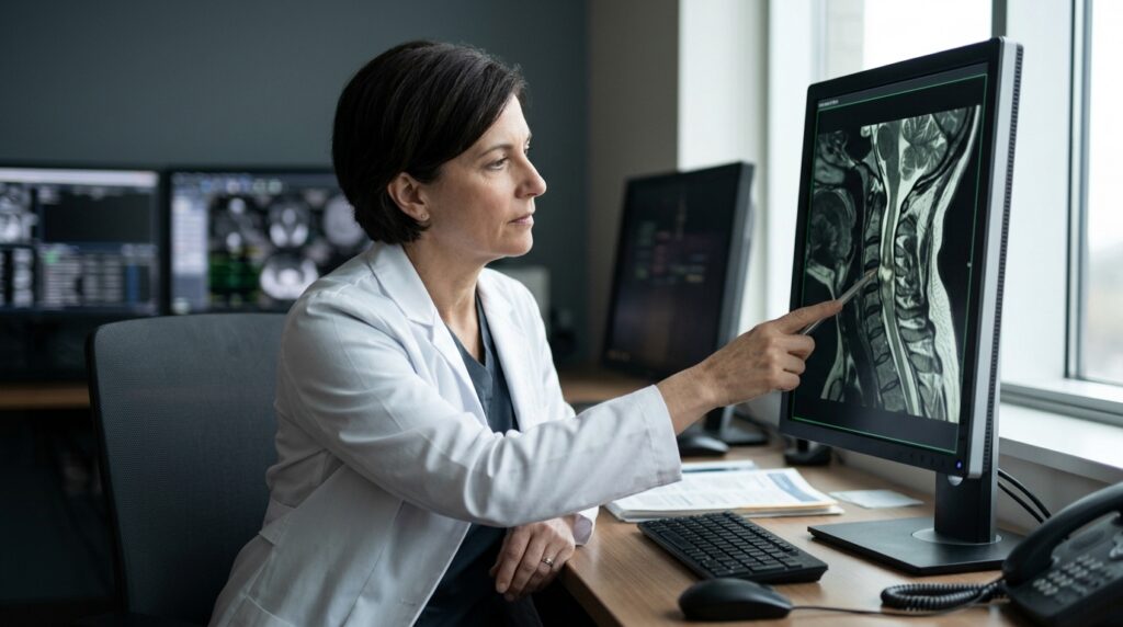 Neurosurgeon reviewing a cervical-spine MRI showing a spinal cord injury.