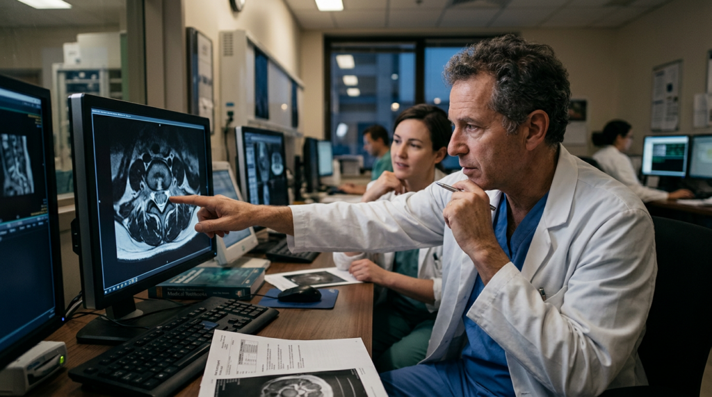 Neurosurgeon reviewing a cervical-spine MRI showing a spinal cord injury.