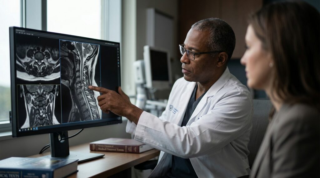 Neurosurgeon reviewing a cervical-spine MRI showing a spinal cord injury.