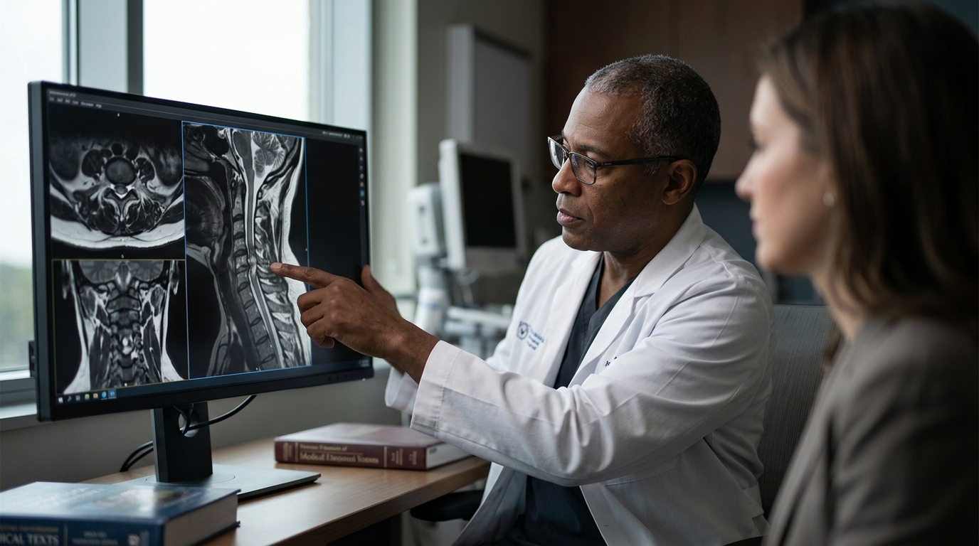Neurosurgeon reviewing a cervical-spine MRI showing a spinal cord injury.