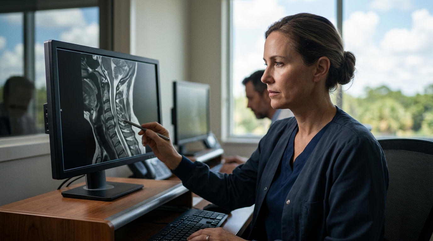 Neurosurgeon reviewing a cervical-spine MRI showing a spinal cord injury.