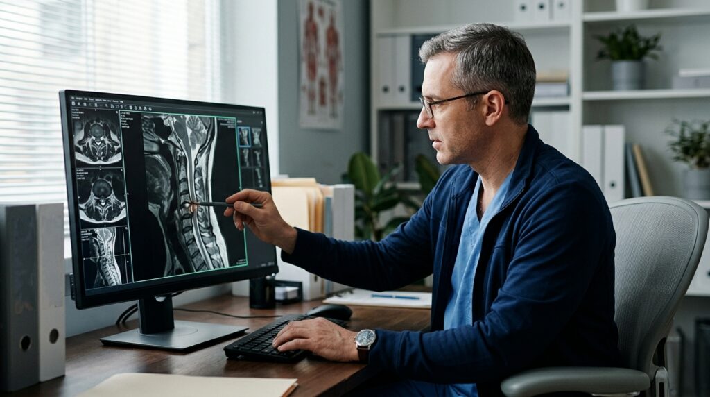 Neurosurgeon reviewing a cervical-spine MRI showing a spinal cord injury.