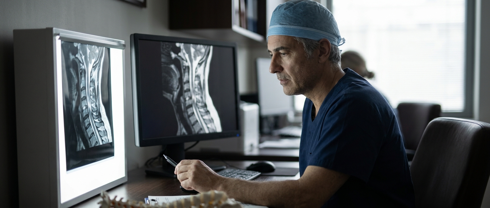 Neurosurgeon reviewing a cervical-spine MRI showing a spinal cord injury.