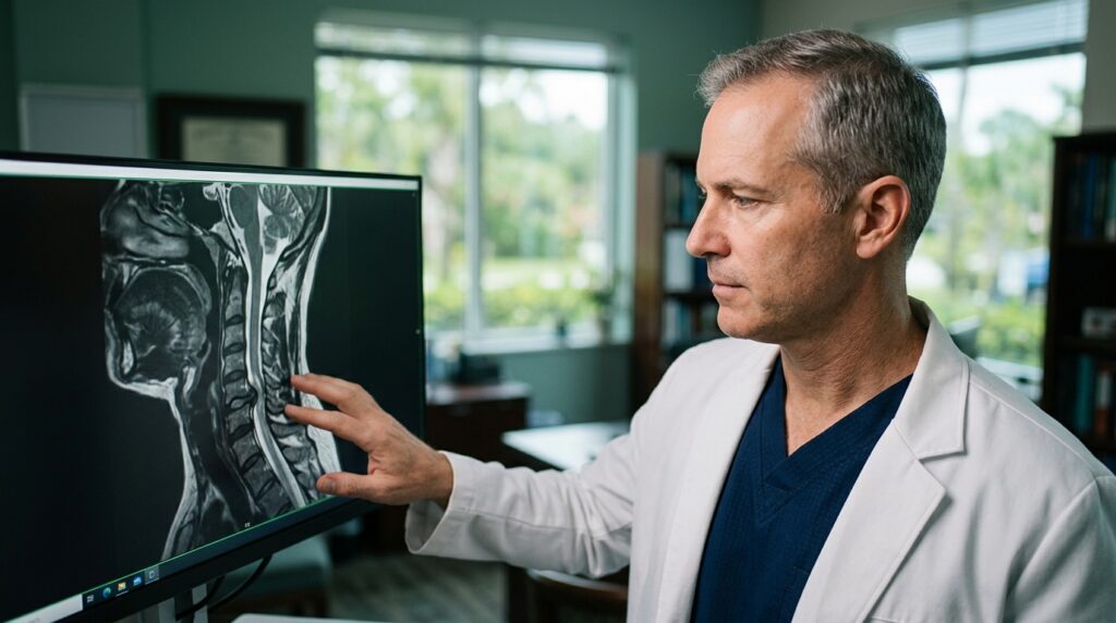 Neurosurgeon reviewing a cervical-spine MRI showing a spinal cord injury.
