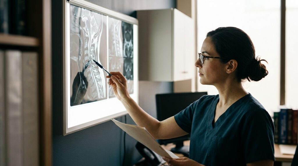 Neurosurgeon reviewing a cervical-spine MRI showing a spinal cord injury.