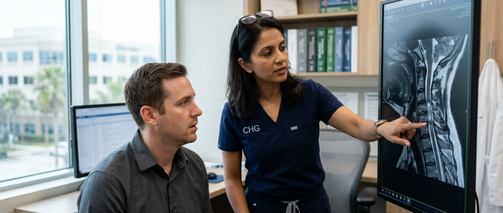 Neurosurgeon reviewing a cervical-spine MRI showing a spinal cord injury.