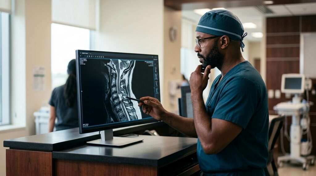 Neurosurgeon reviewing a cervical-spine MRI showing a spinal cord injury.