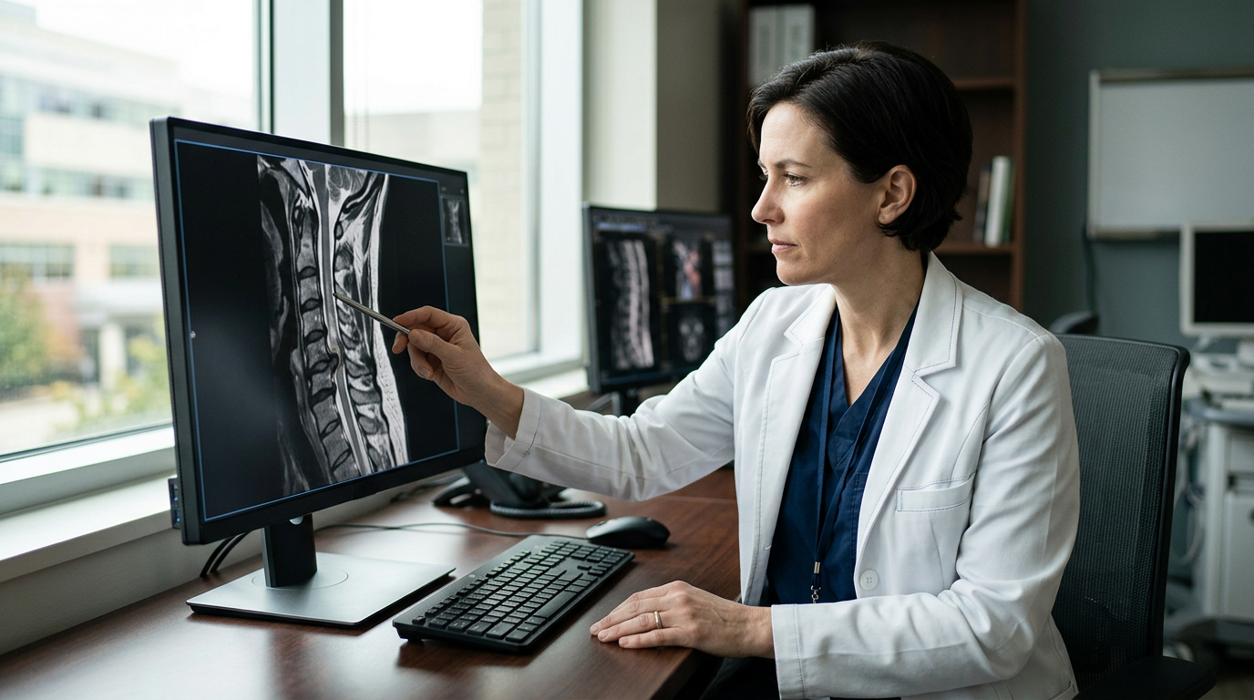 Neurosurgeon reviewing a cervical-spine MRI showing a spinal cord injury.