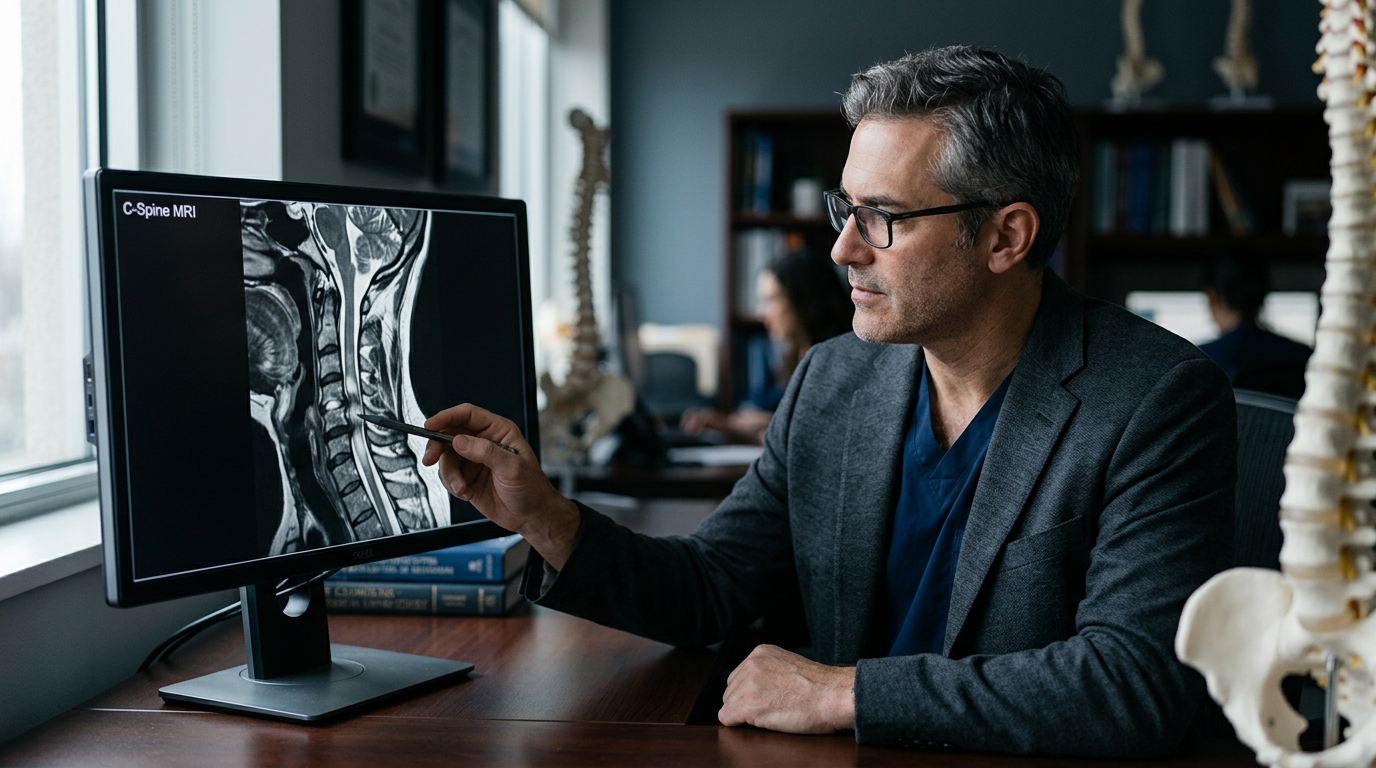 Neurosurgeon reviewing a cervical-spine MRI showing a spinal cord injury.