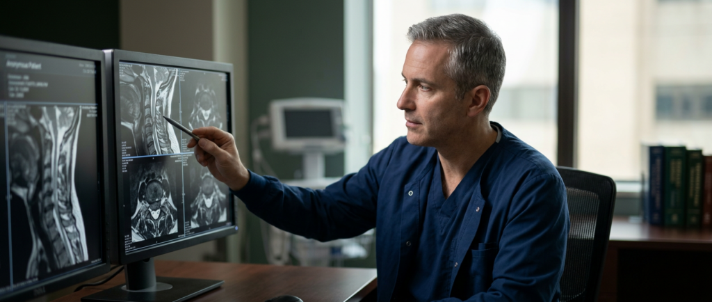 Neurosurgeon reviewing a cervical-spine MRI showing a spinal cord injury.