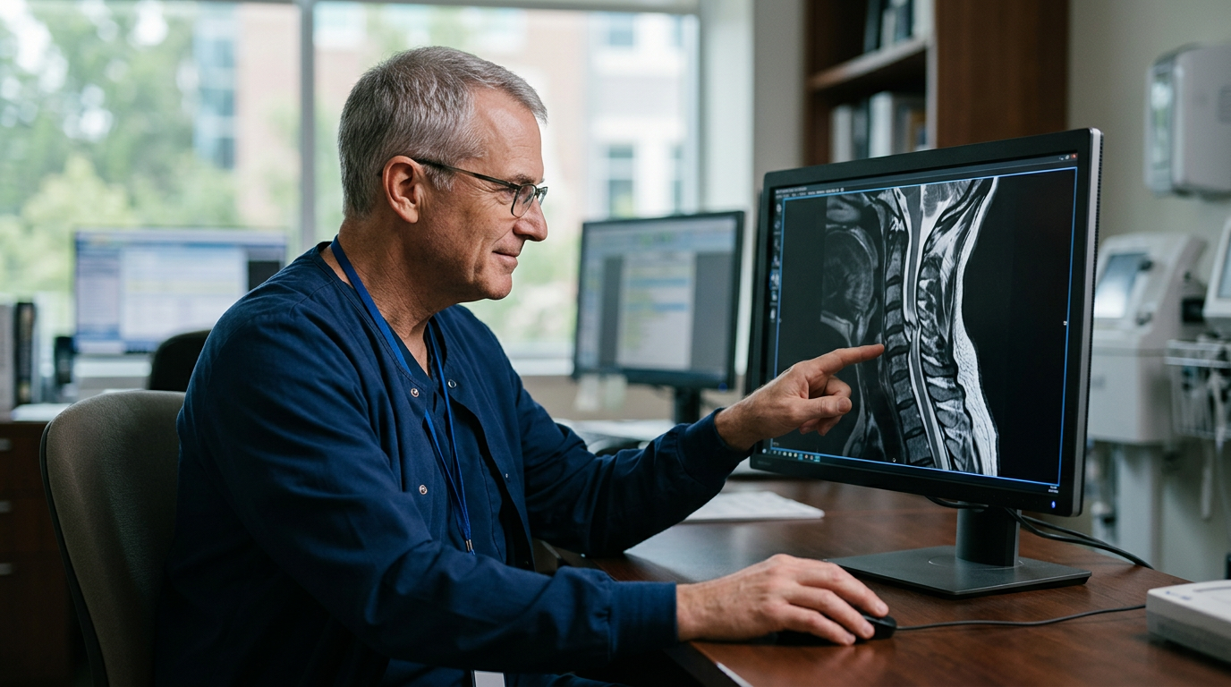 Neurosurgeon reviewing a cervical-spine MRI showing a spinal cord injury.