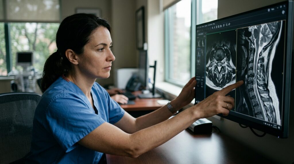 Neurosurgeon reviewing a cervical-spine MRI showing a spinal cord injury.