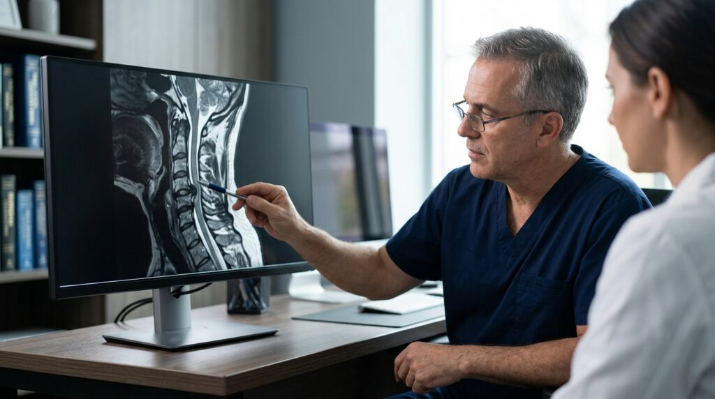 Neurosurgeon reviewing a cervical-spine MRI showing a spinal cord injury.