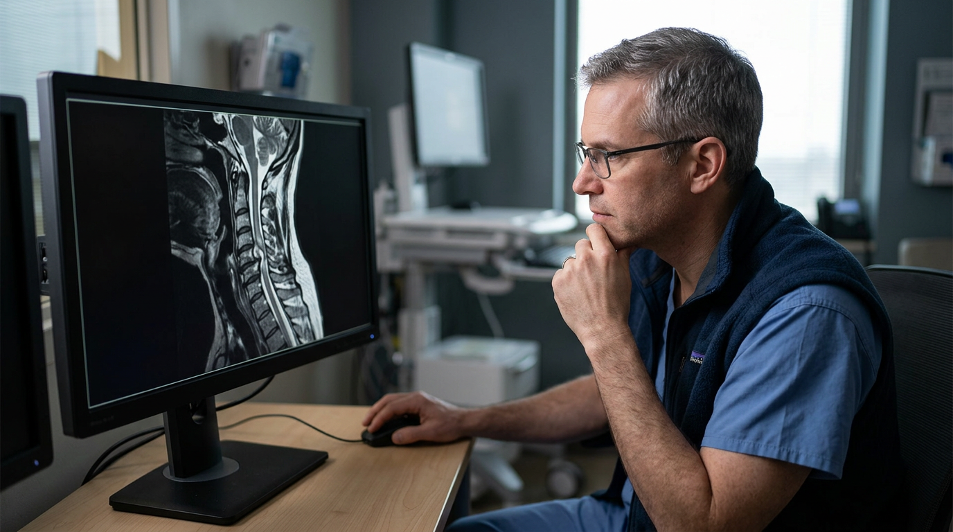 Neurosurgeon reviewing a cervical-spine MRI showing a spinal cord injury.