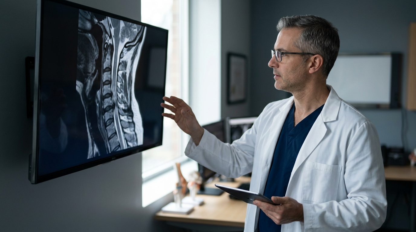 Neurosurgeon reviewing a cervical-spine MRI showing a spinal cord injury.