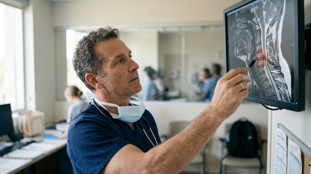 Neurosurgeon reviewing a cervical-spine MRI showing a spinal cord injury.
