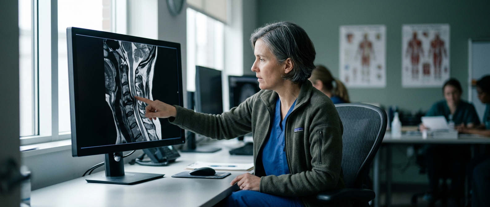 Neurosurgeon reviewing a cervical-spine MRI showing a spinal cord injury.