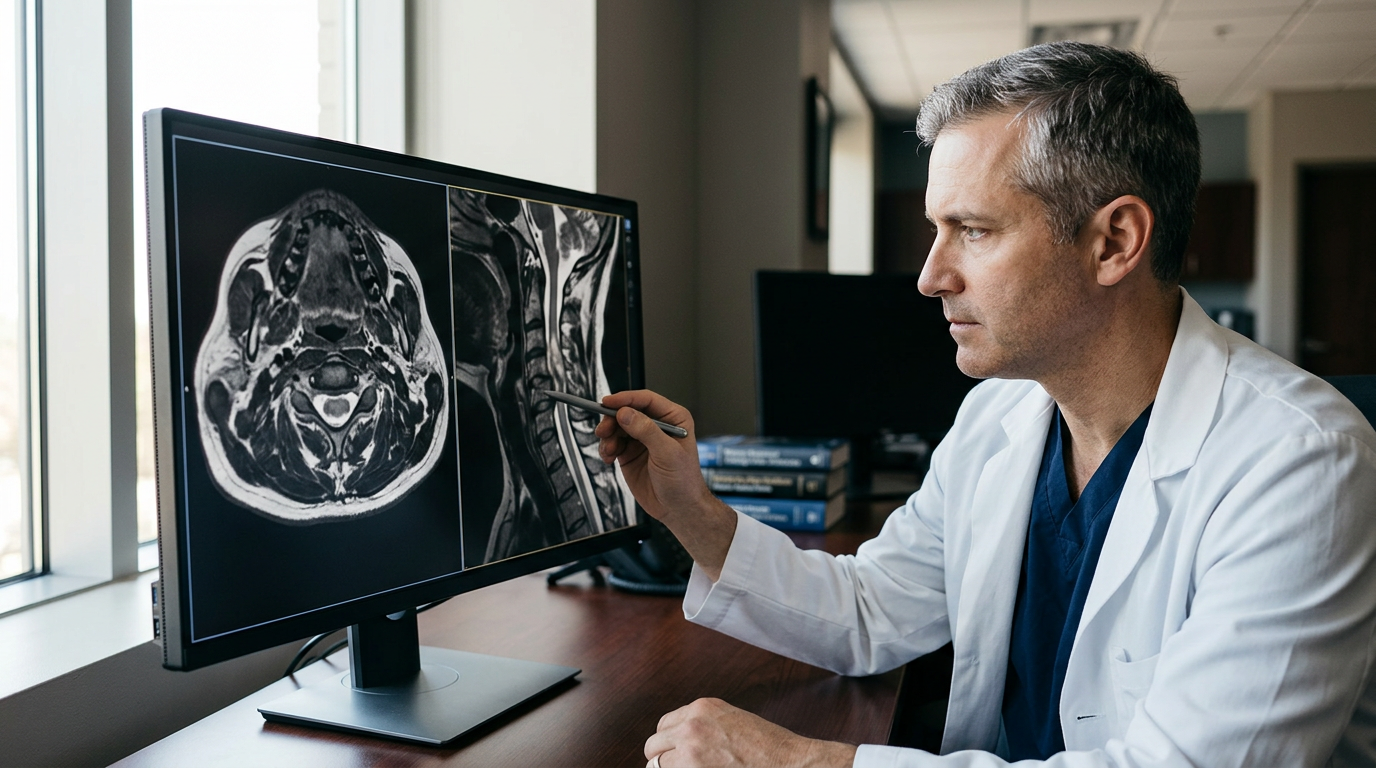 Neurosurgeon reviewing a cervical-spine MRI showing a spinal cord injury.