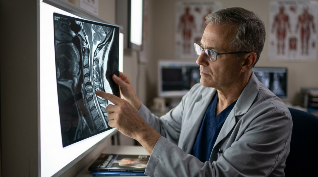 Neurosurgeon reviewing a cervical-spine MRI showing a spinal cord injury.