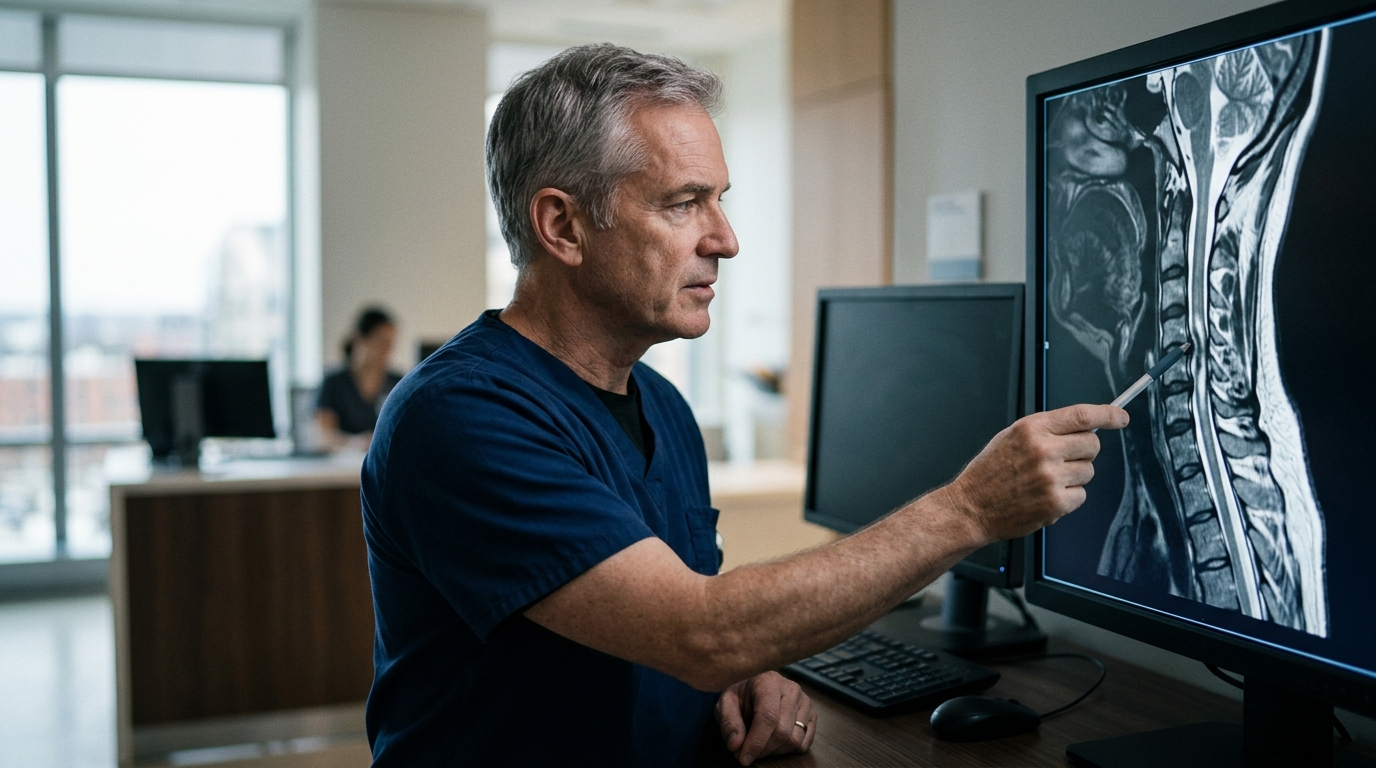 Neurosurgeon reviewing a cervical-spine MRI showing a spinal cord injury.