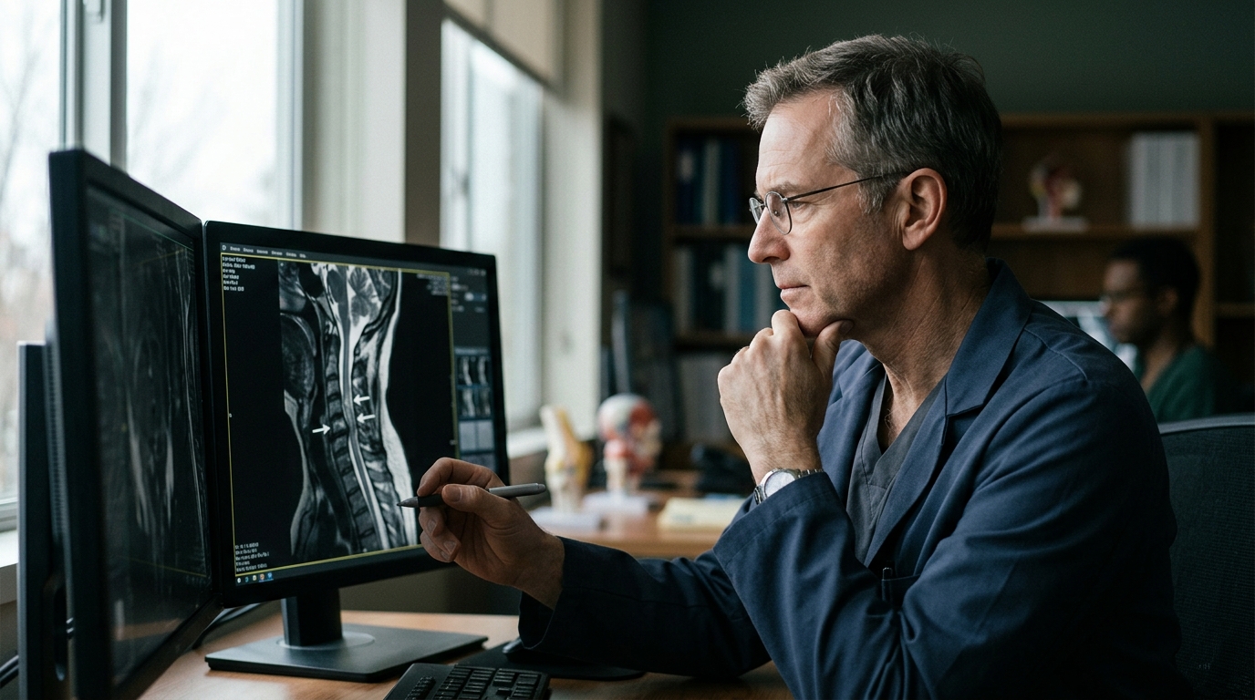 Neurosurgeon reviewing a cervical-spine MRI showing a spinal cord injury.
