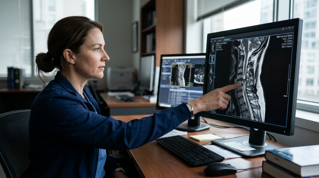 Neurosurgeon reviewing a cervical-spine MRI showing a spinal cord injury.