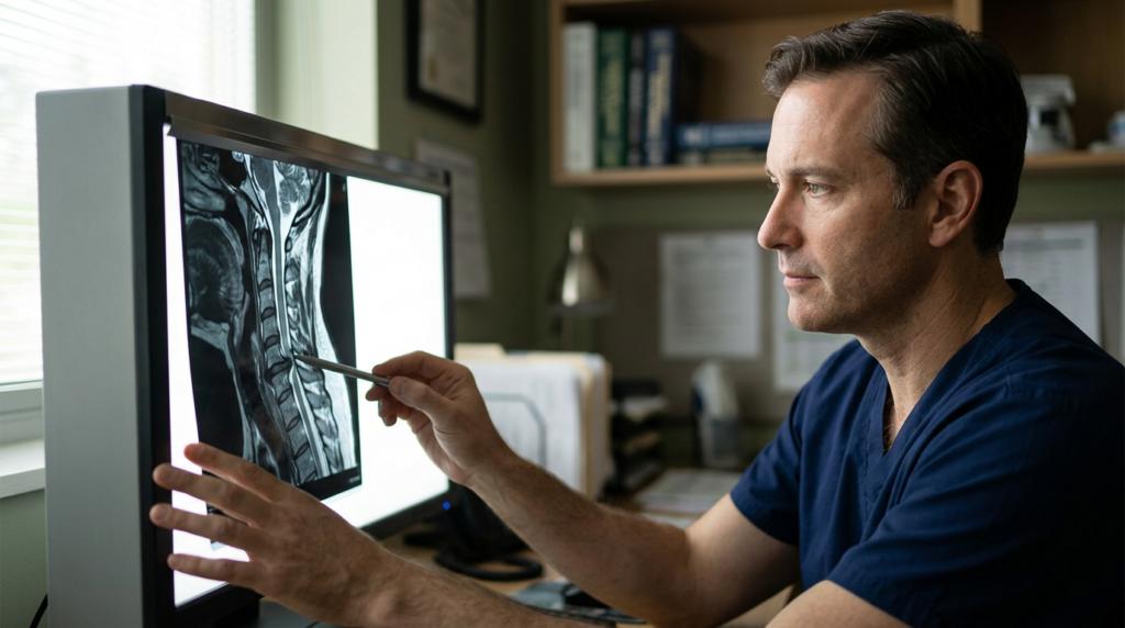 Neurosurgeon reviewing a cervical-spine MRI showing a spinal cord injury.