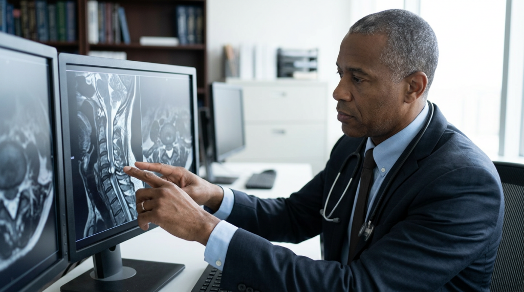 Neurosurgeon reviewing a cervical-spine MRI showing a spinal cord injury.
