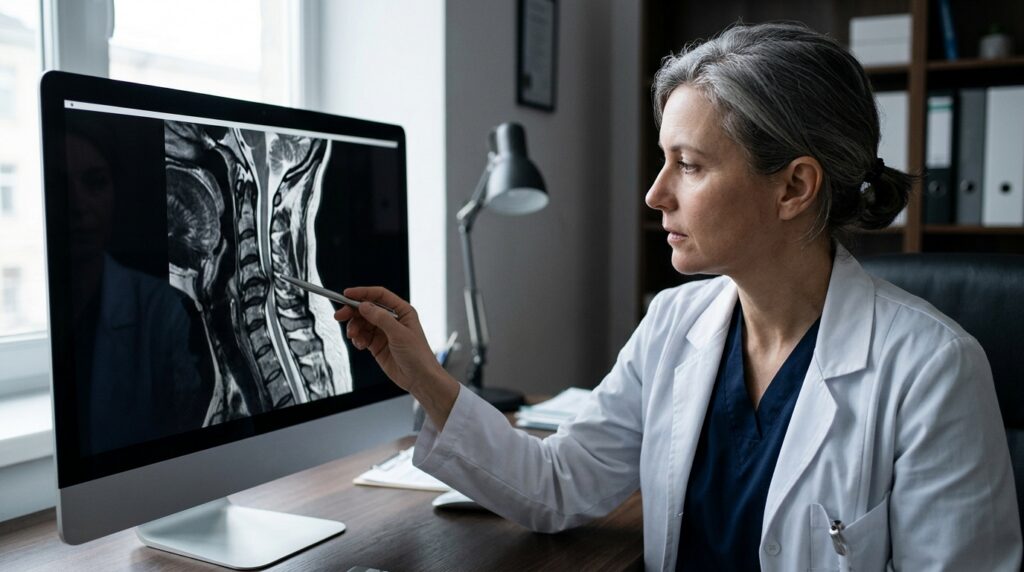 Neurosurgeon reviewing a cervical-spine MRI showing a spinal cord injury.