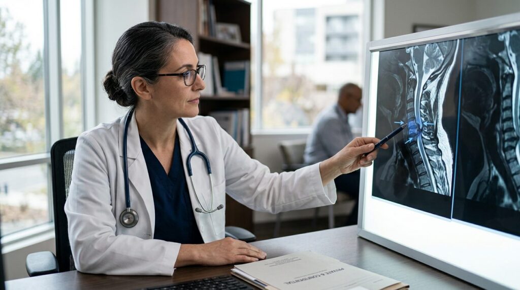 Neurosurgeon reviewing cervical spine MRI scan showing spinal cord injury.