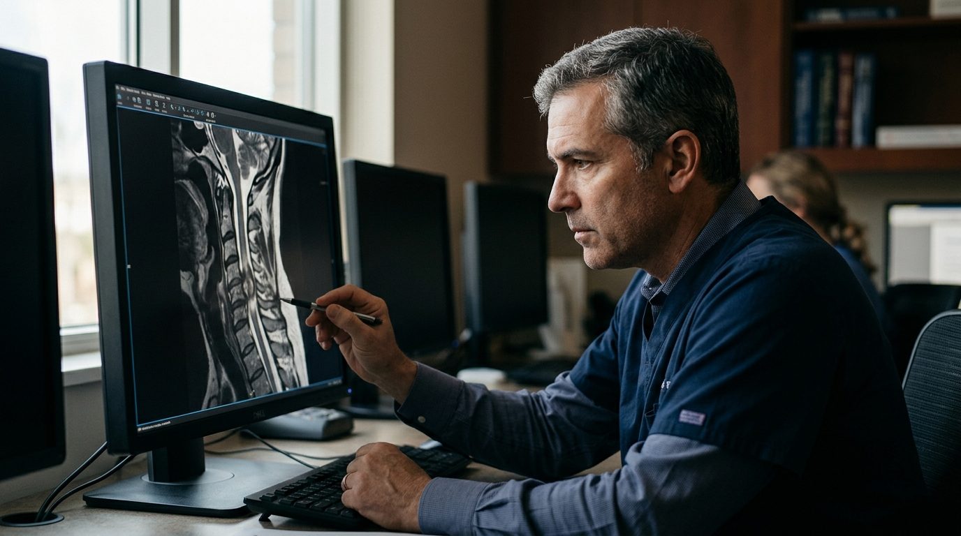 Neurosurgeon reviewing cervical spine MRI scan showing spinal cord injury.