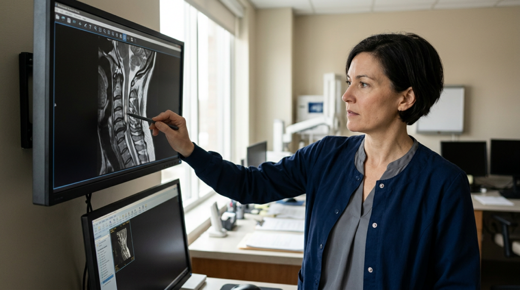 Neurosurgeon reviewing cervical-spine MRI showing spinal cord injury.