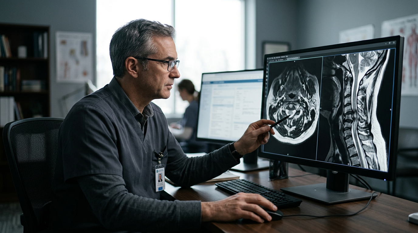 Neurosurgeon reviews a cervical-spine MRI showing a spinal cord injury.