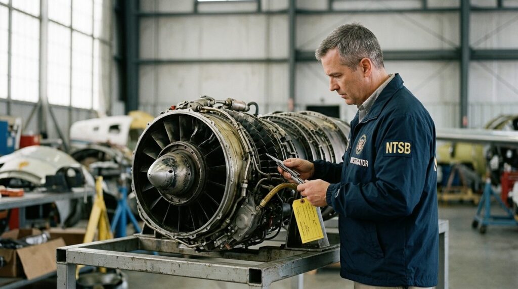 NTSB specialist examining recovered aircraft engine components in a hangar.