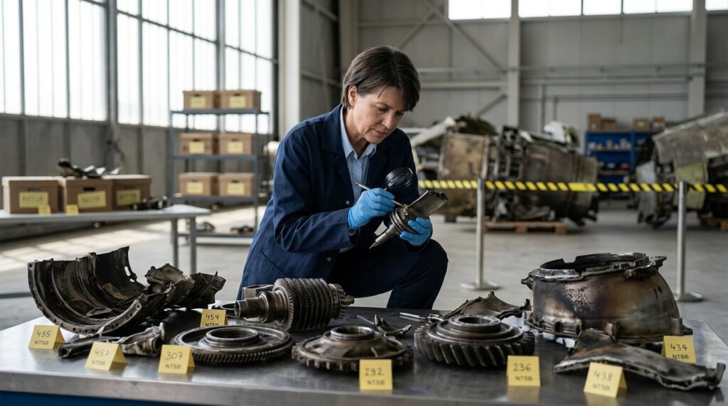 NTSB specialist inspecting aircraft engine components in a hangar.