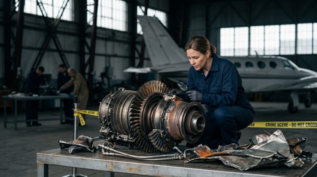 NTSB specialist inspecting aircraft engine components in a secure hangar.
