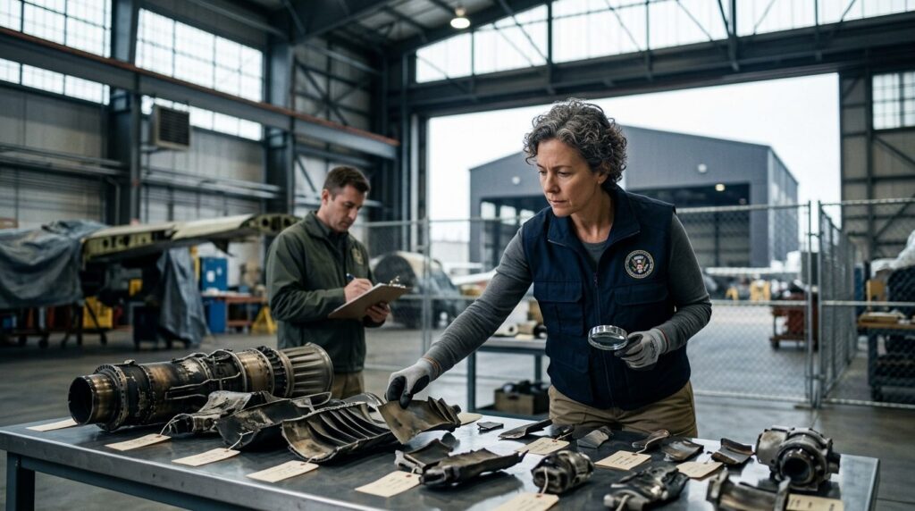 NTSB specialist inspecting recovered aircraft engine components in a hangar.
