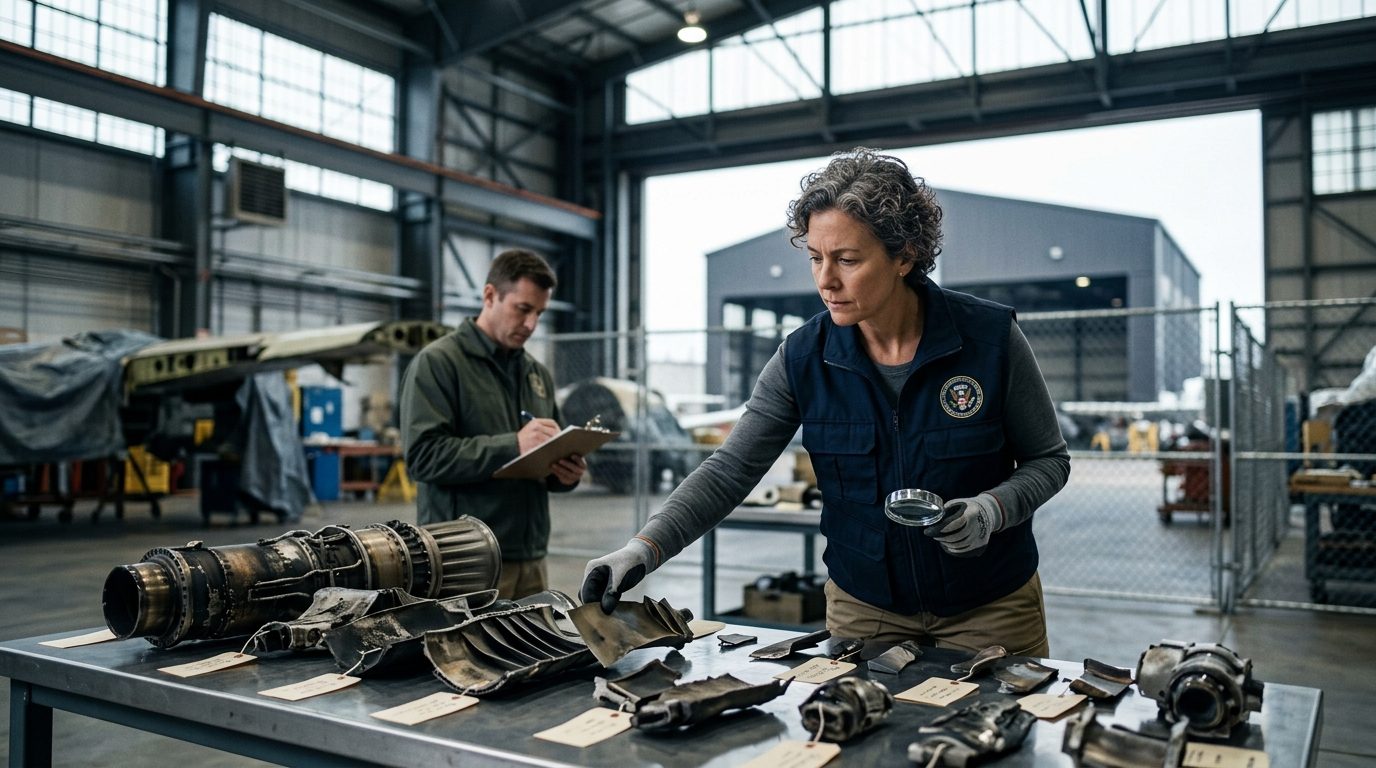 NTSB specialist inspecting recovered aircraft engine components in a hangar.