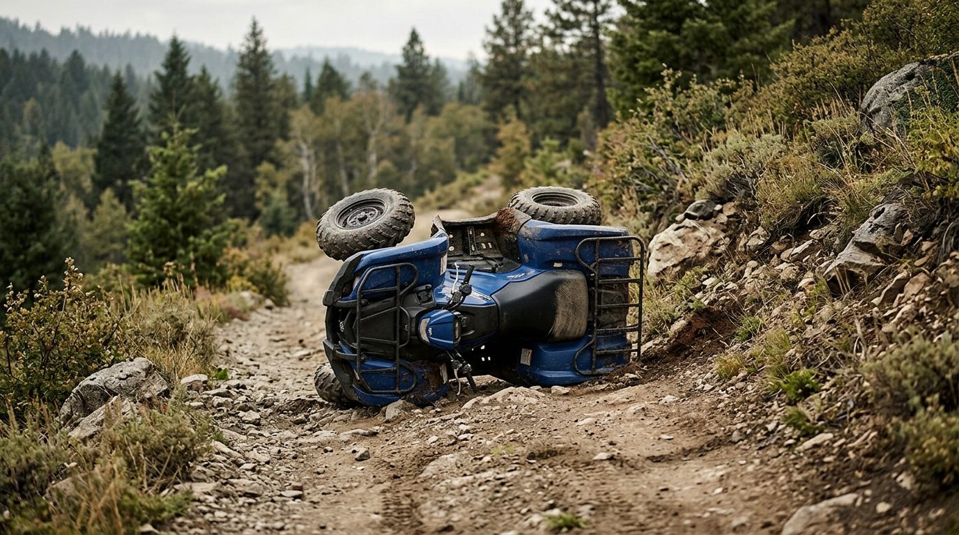Overturned ATV on a dirt trail after a rollover accident.