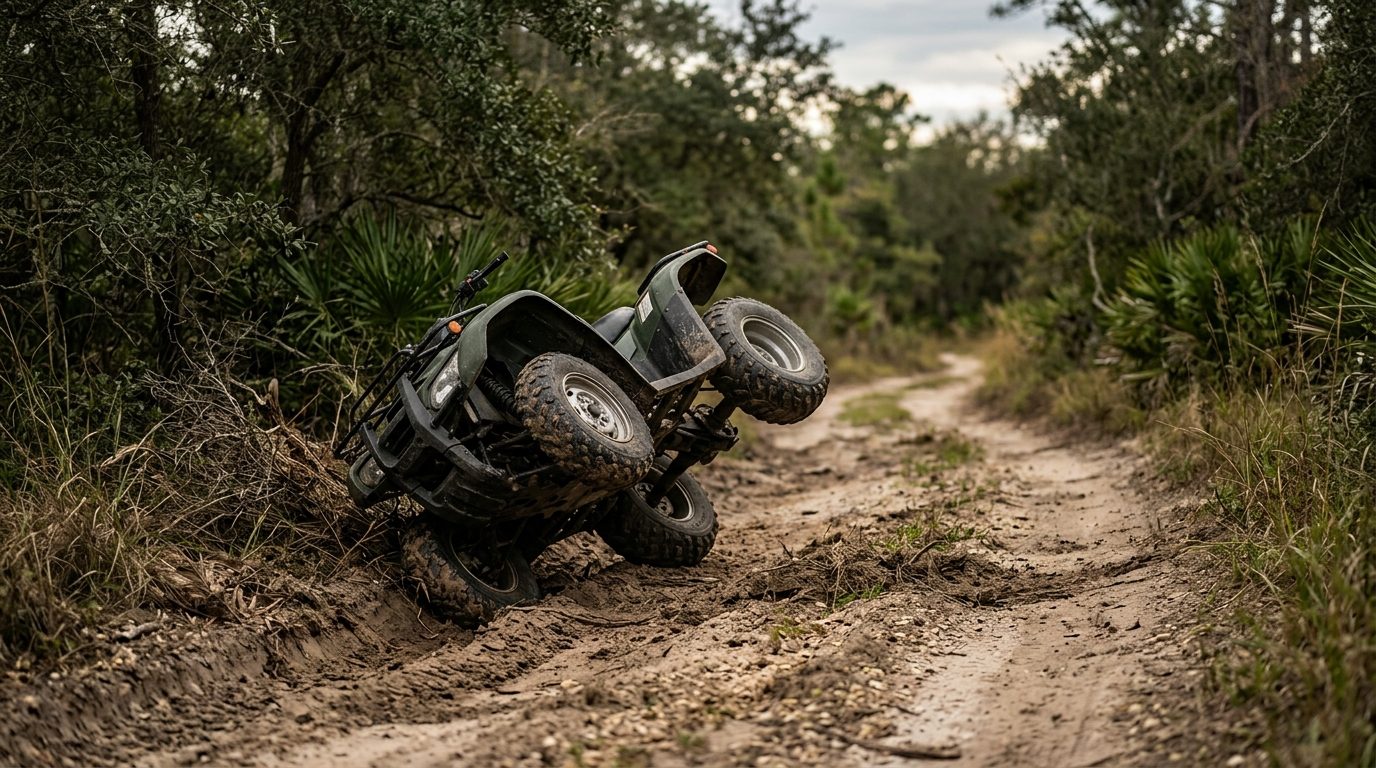 Overturned ATV on a dirt trail after a rollover accident.