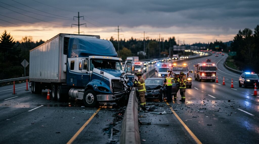 Overturned commercial truck after a highway collision at dusk with debris scattered across the road.