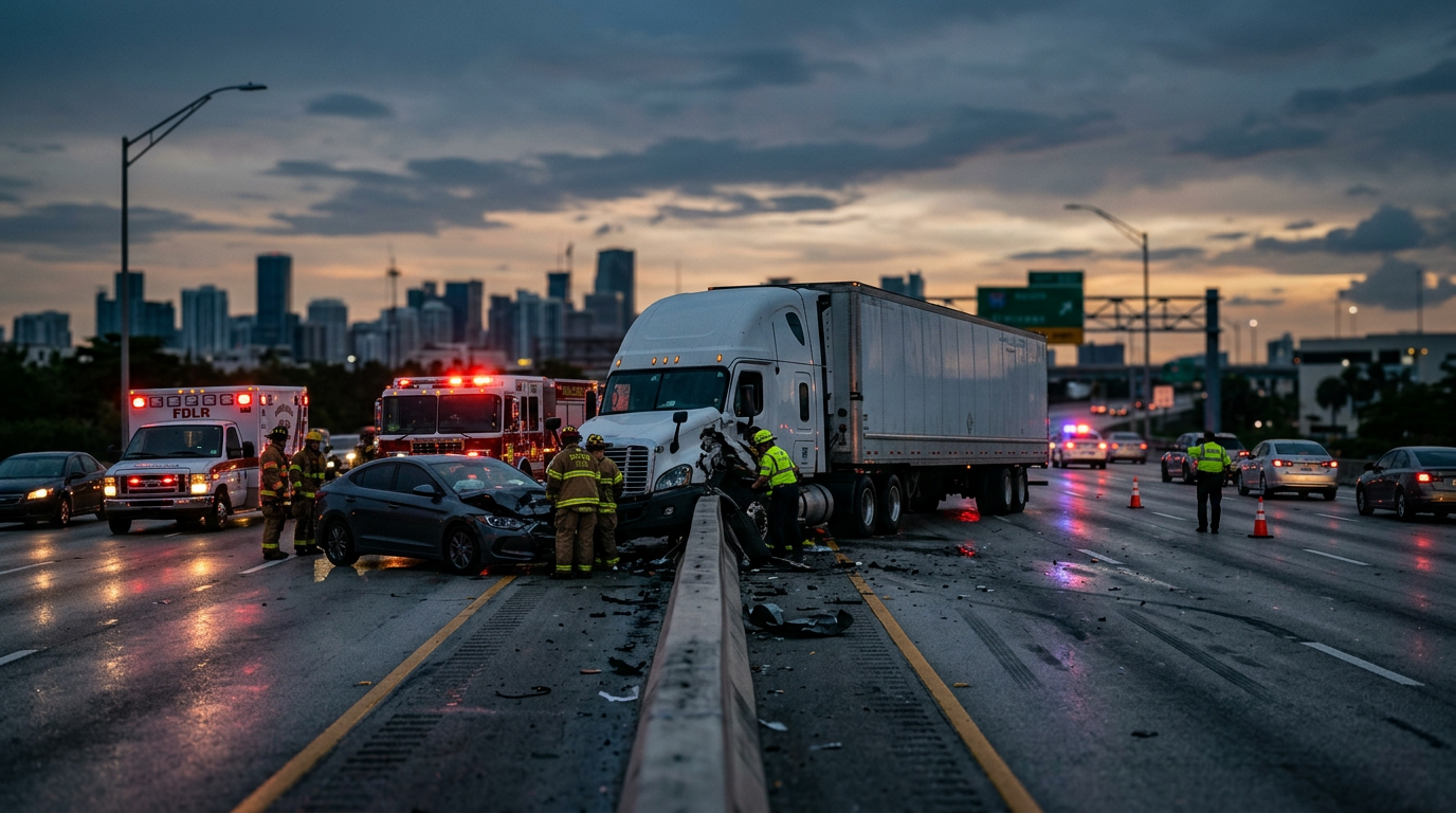 Overturned commercial truck after a highway collision at dusk with debris scattered across the road.