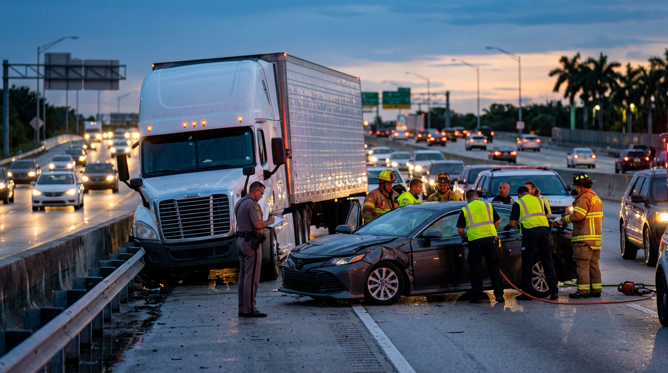 Overturned commercial truck after a highway collision at dusk with debris scattered across the road.