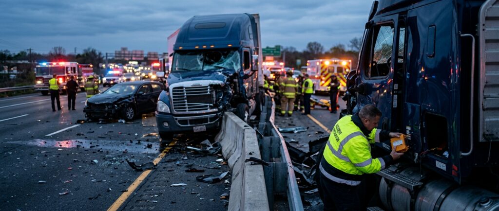 Overturned commercial truck after a highway collision at dusk with debris scattered across the road.