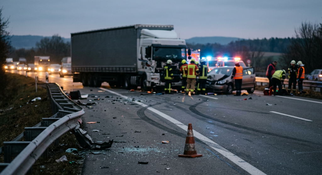 Overturned commercial truck after a highway collision at dusk with debris scattered across the road.