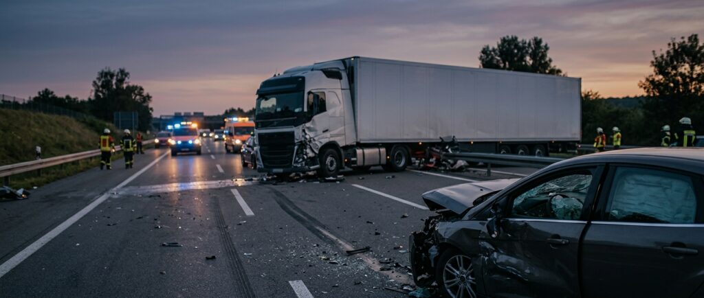 Overturned commercial truck and damaged car on a highway at dusk after a serious collision.