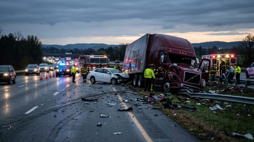 Overturned commercial truck and damaged car on a highway at dusk after a serious collision.